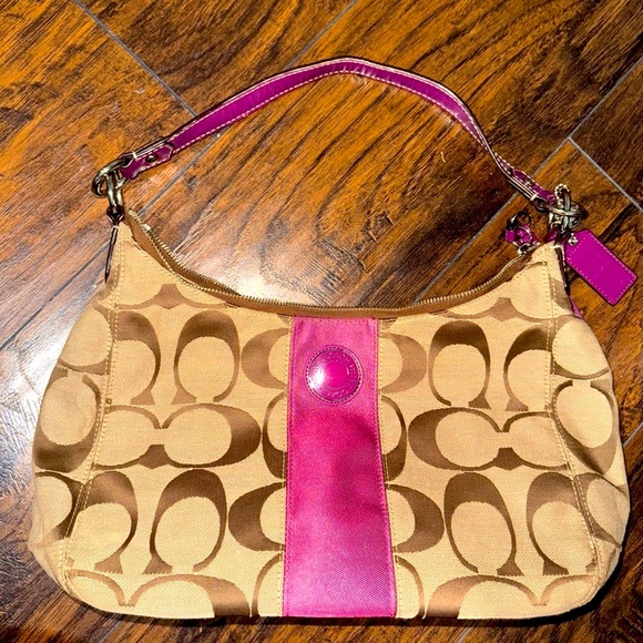 Coach Handbags - Coach Khaki and Fuchsia Shoulder Bag with Signature Monogram
